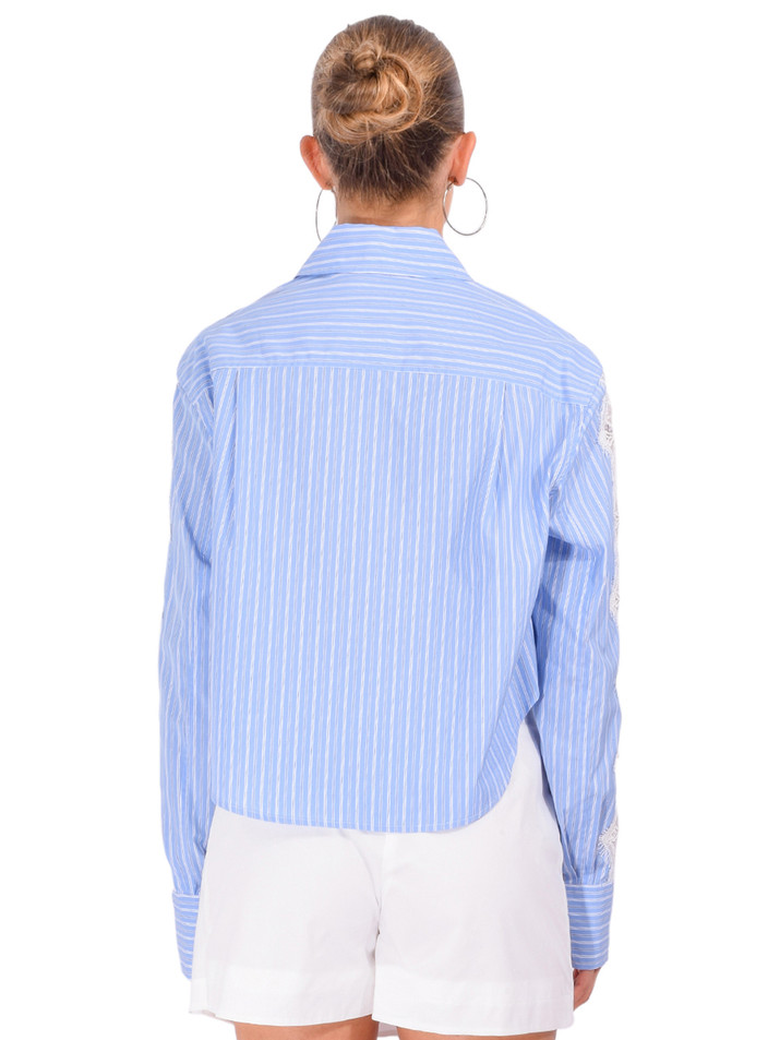 SIMKHAI Renata Cropped Shirt with Lace Detail in Oxford Blue Stripe Back View 