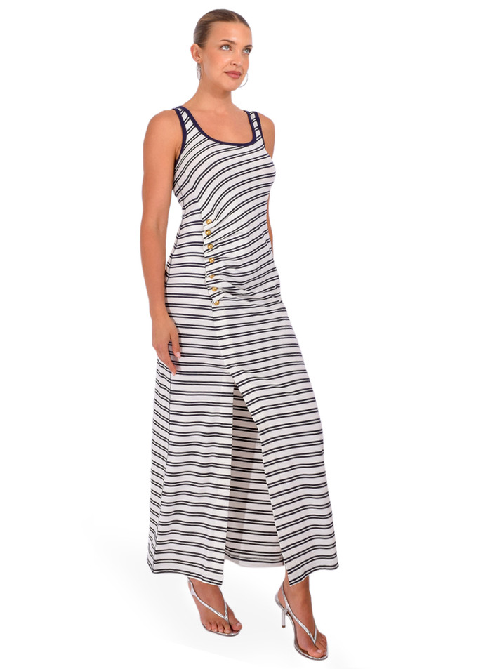 SIMKHAI Becker Jersey Midi Dress in Midnight Stripe Side View 