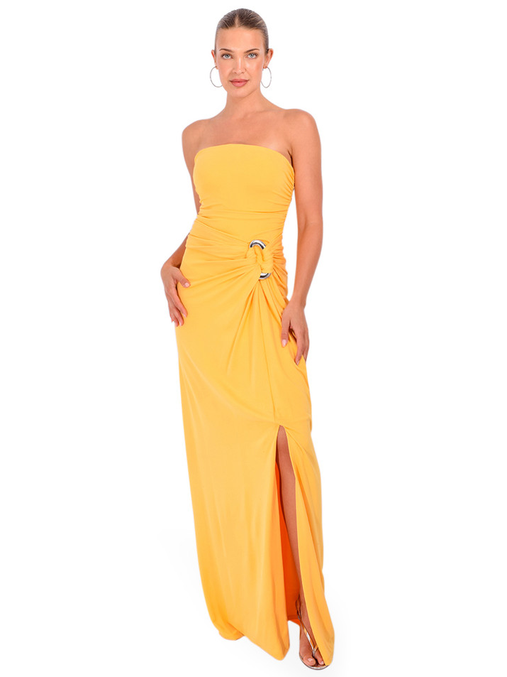 SIMKHAI Emma Strapless Bustier Gown in Mango Front View 2