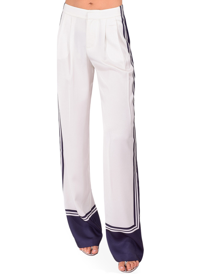SER.O.YA Marlowe Satin Pant in White & Navy Front View 