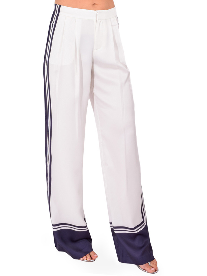 SER.O.YA Marlowe Satin Pant in White & Navy Side View 