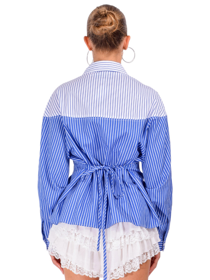 THEO Echo Mix Stripe Colorblock Shirt in Blue Back View 