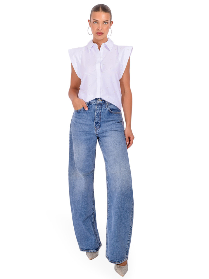 THEO Astraea Sleeveless Embellished Shirt in White Full Outfit 
