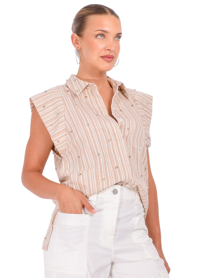 THEO Astraea Striped Sleeveless Embellished Shirt in in Sand/Silver Side View 