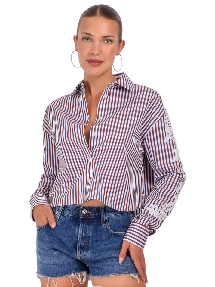 THEO Echo Cropped Embroidered Stripe Shirt in Red Cosmic Stripe Front View 