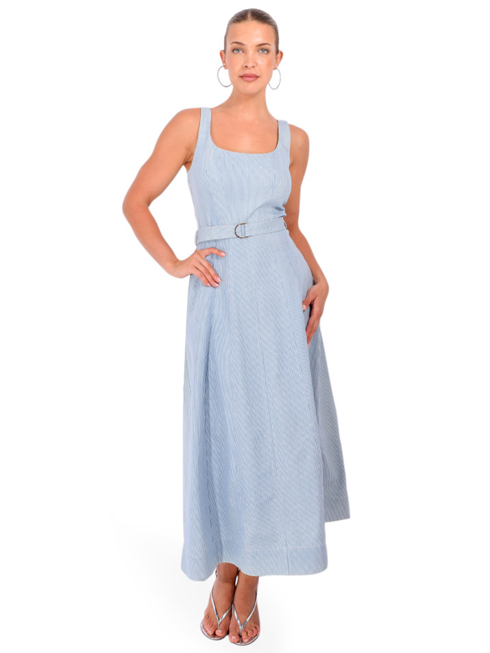 KARINA GRIMALDI Lilliana Midi Dress in Striped Denim Front View 2
