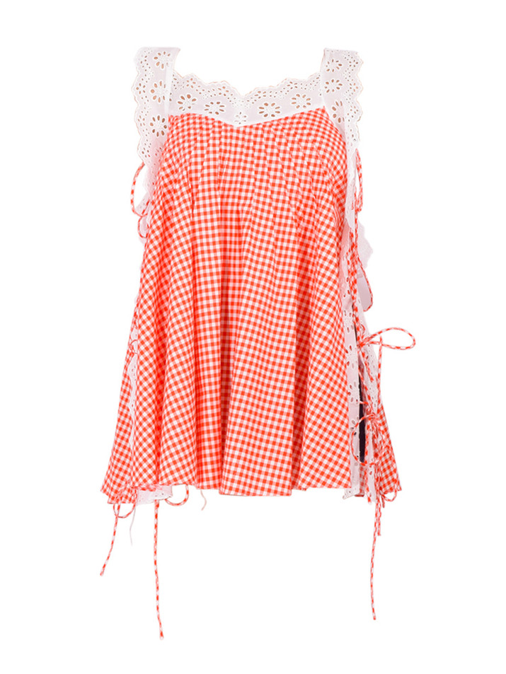 CAROLINE CONSTAS Lucilla Eyelet Mini Dress in Red/White Gingham Product Shot 