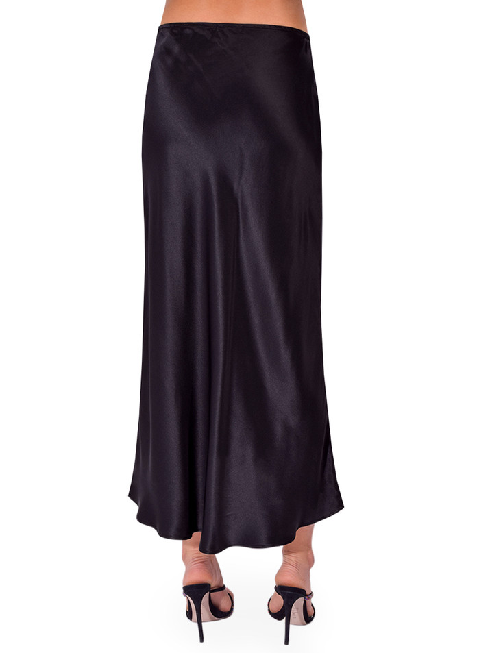 STAVII Silk Bias Midi Skirt in Black Back View 