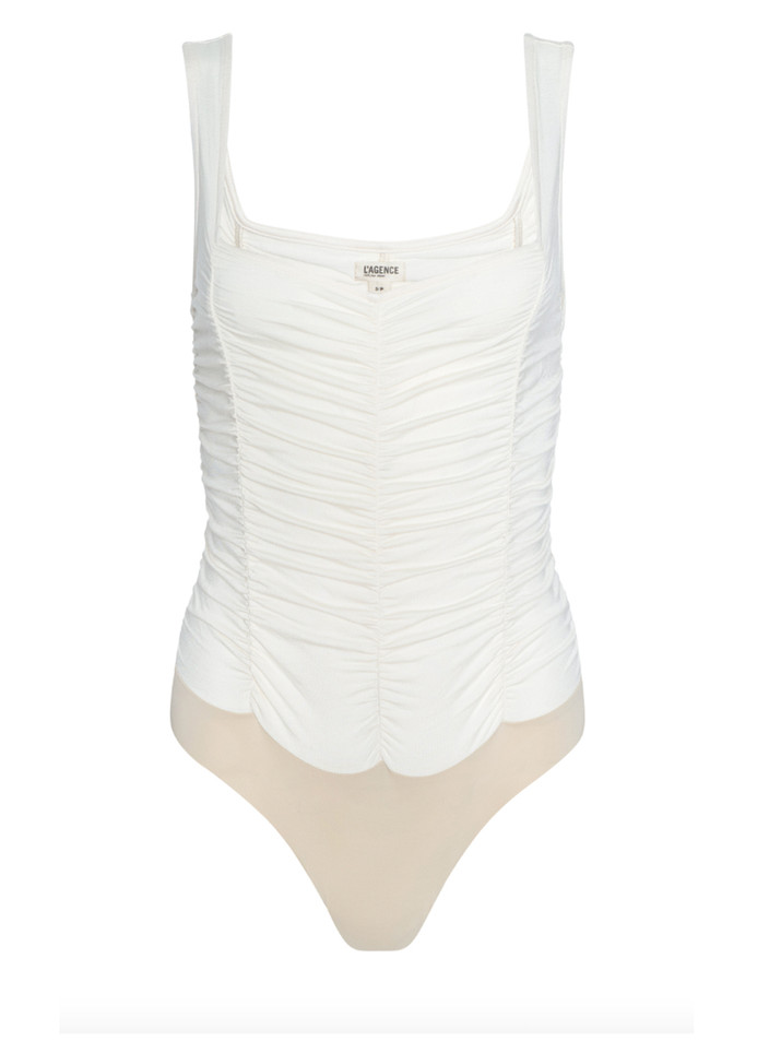 L'AGENCE Mixi Ruched Bodysuit in Vintage White Product Shot 