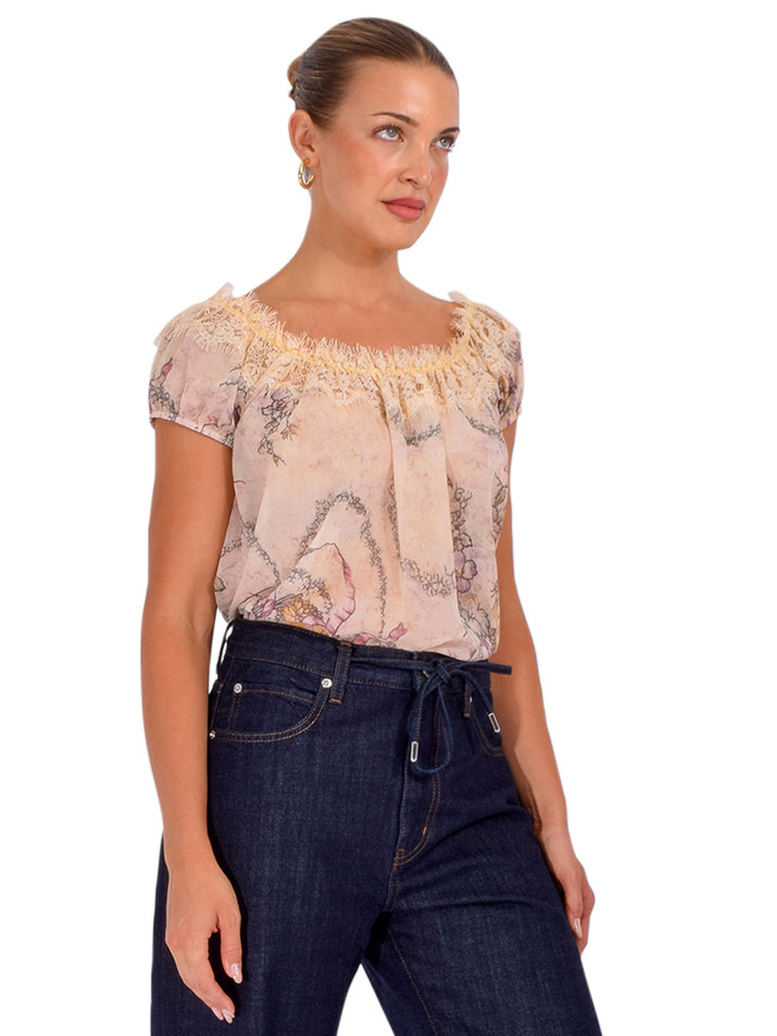 ANNA SUI Spirit Bloom Chiffon Blouse in Linen Multi Side View 