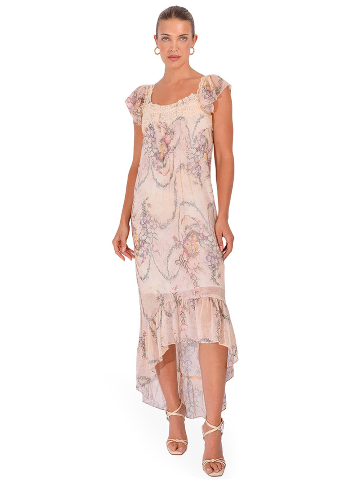 ANNA SUI Spirit Bloom Chiffon Ruffle Dress in Linen Multi Front View 2