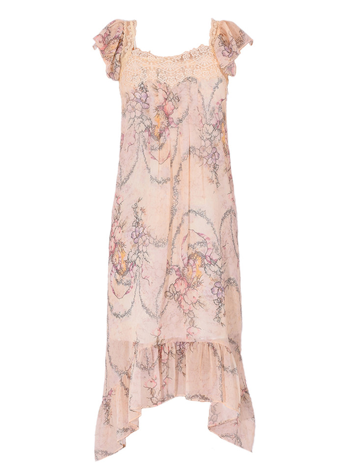 ANNA SUI Spirit Bloom Chiffon Ruffle Dress in Linen Multi