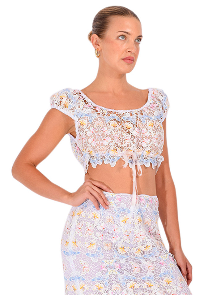 ANNA SUI Rainbow Butterfly Crop Top in White Multi Side View 
