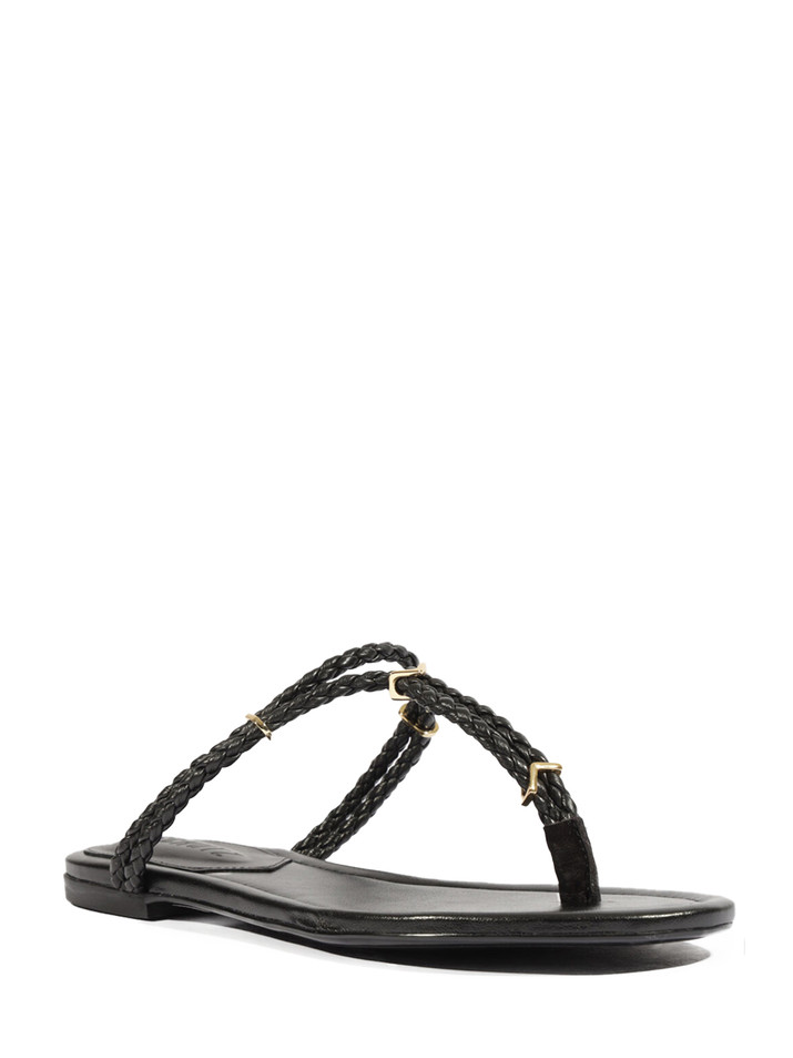SCHUTZ Cordelia Flat Sandal in Black Front Side View 