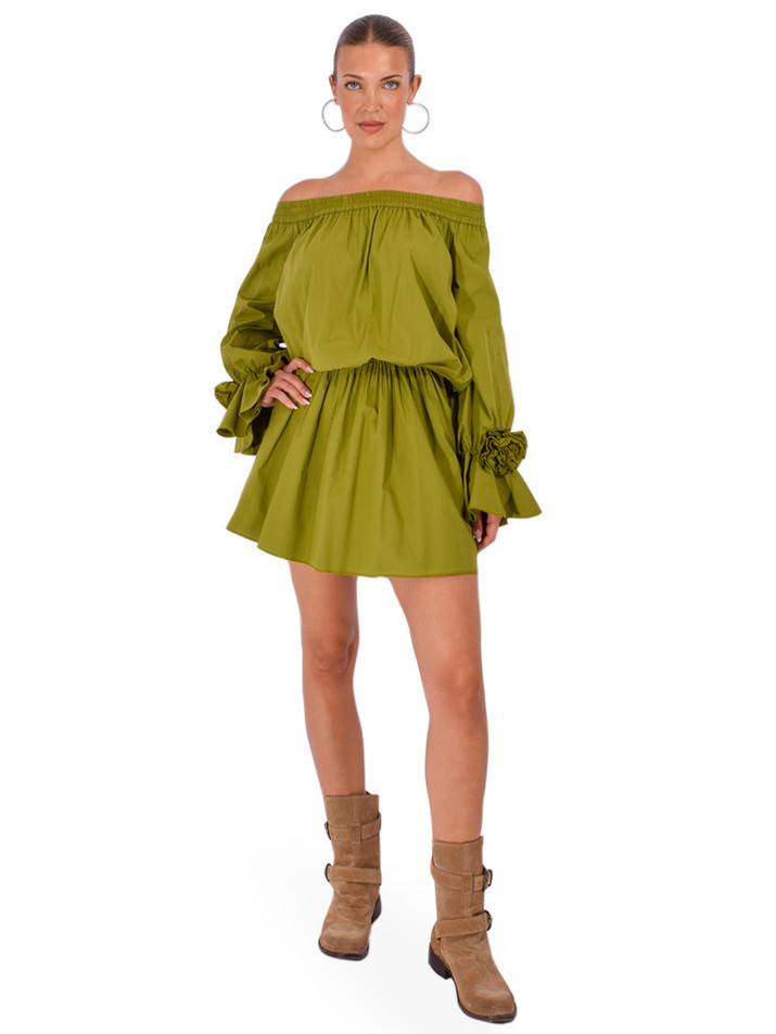 ESSENTIEL ANTWERP Jegan Off-Shoulder Mini Dress in Avocado Front View 1