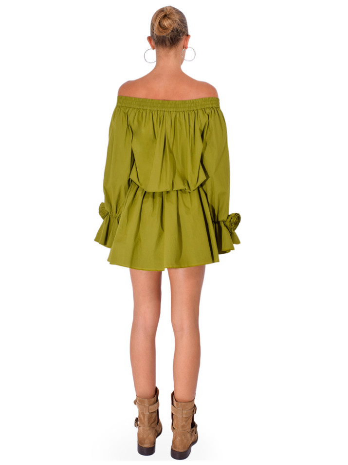 ESSENTIEL ANTWERP Jegan Off-Shoulder Mini Dress in Avocado Back View

