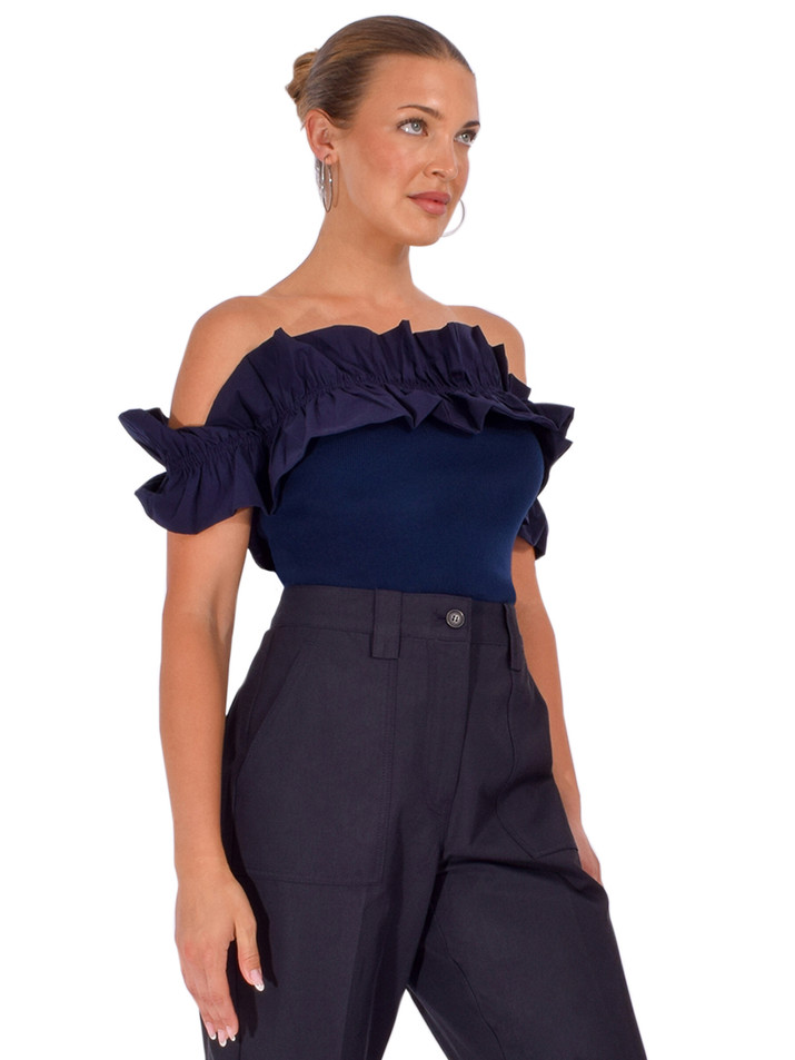 ESSENTIEL ANTWERP Jaqua Knitted Top in Dark Blue Side View 
