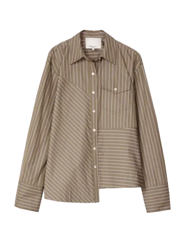 3.1 PHILLIP LIM Asymmetrical Stripe Trapeze Shirt in Olive Multi Product Shot 