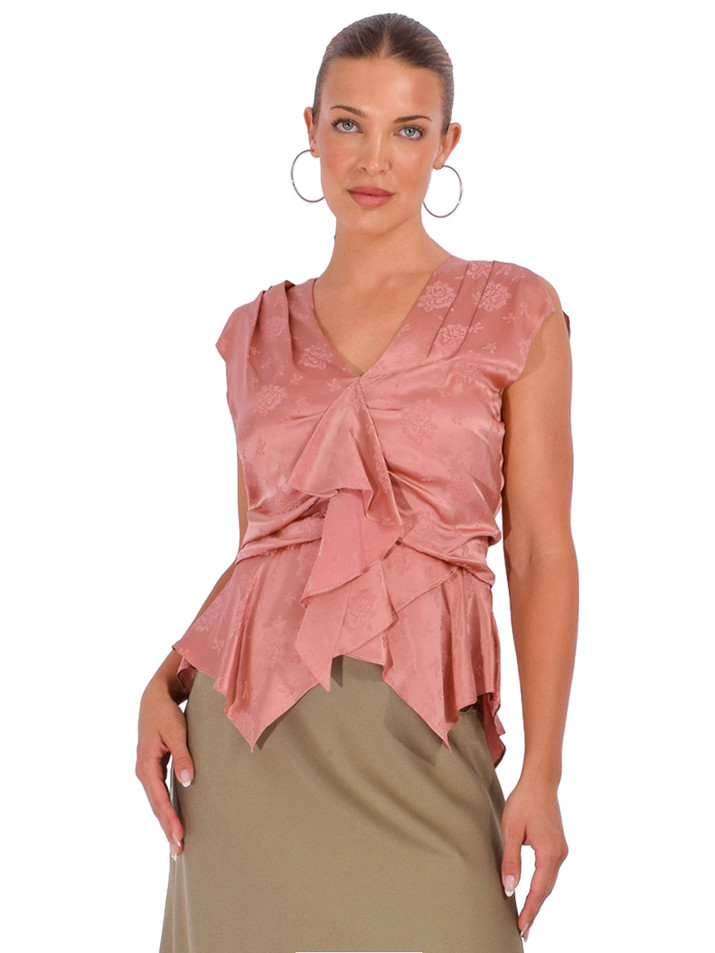 3.1 PHILLIP LIM Floral Jacquard Draped Handkerchief Top in Pink Front View 