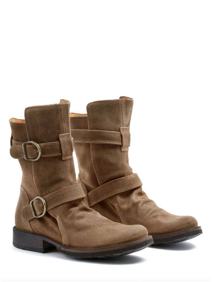 FIORENTINI & BAKER Donna Velour Buckle Boots in Taupe Side Front View 

