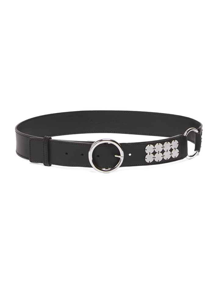 OTTOD'AME Leather Belt with Mirror Embellishment in Black Front View
