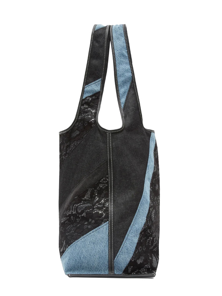 3.1 Phillip Lim Lace Patchwork Denim Market Tote in Black Multi Side View 