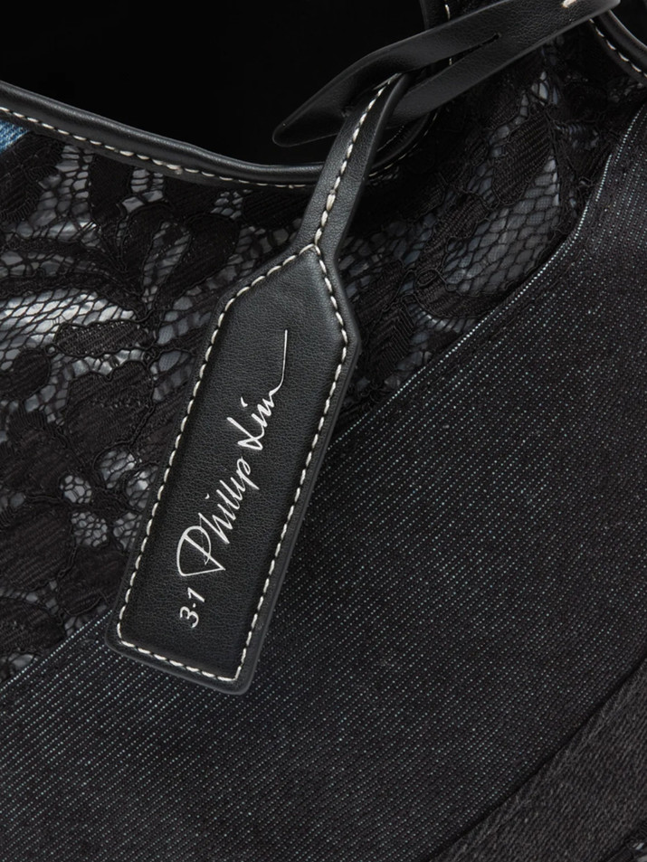 3.1 Phillip Lim Lace Patchwork Denim Market Tote in Black Multi Details