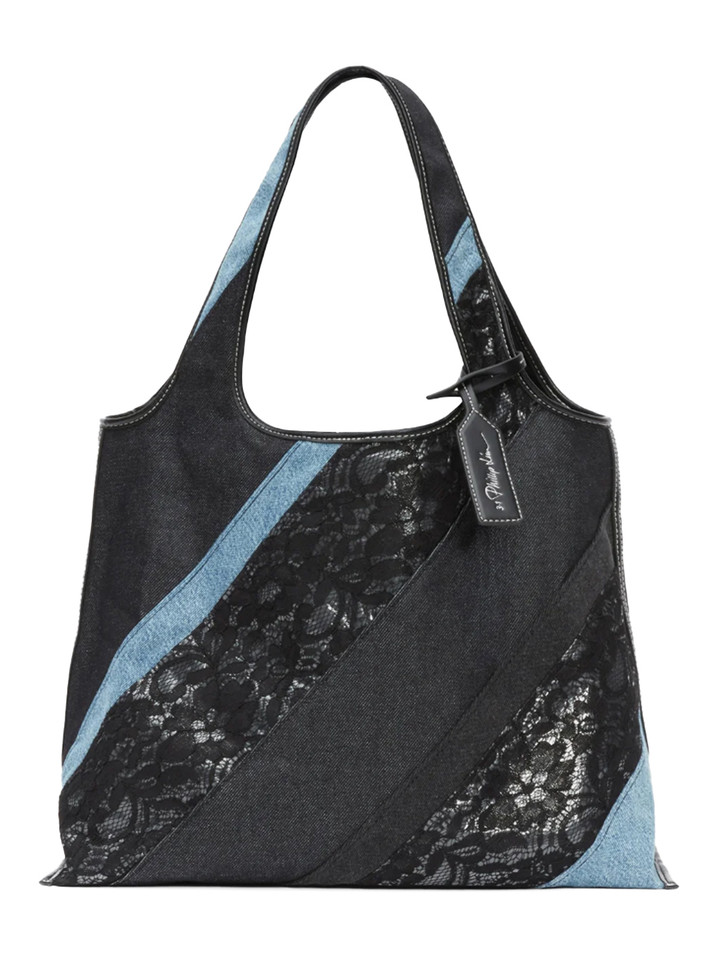 3.1 Phillip Lim Lace Patchwork Denim Market Tote in Black Multi Front View 