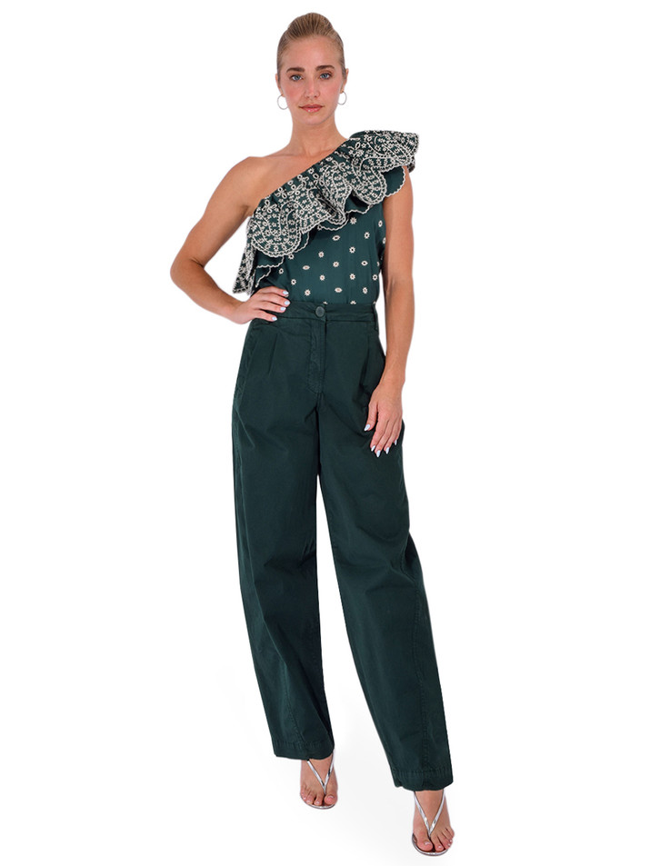 ESSENTIEL ANTWERP Kurry Barrel Leg Pant in Green Full Outfit 
