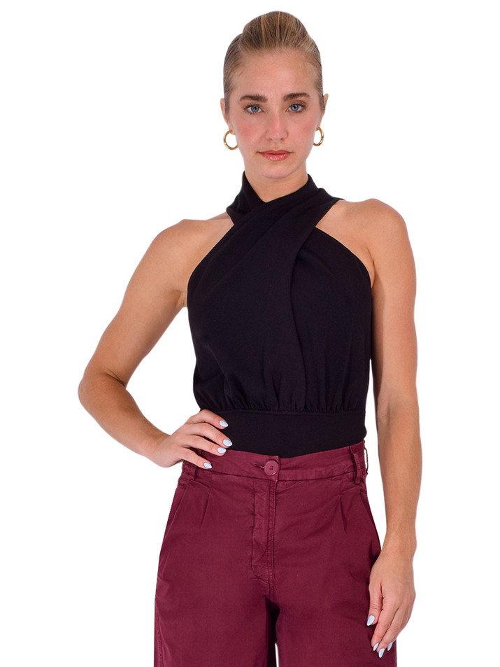 SIMKHAI Juno Knit Halter Bodysuit in Black Front View 