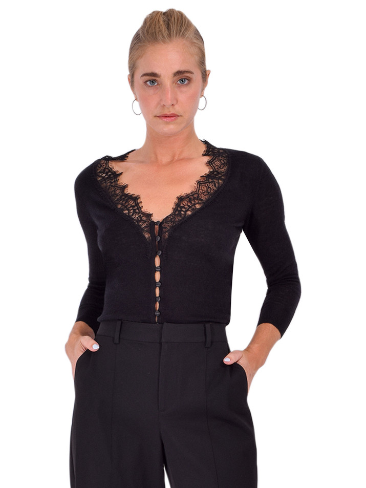 L'AGENCE Eluna Lace Cardigan in Black Front View 