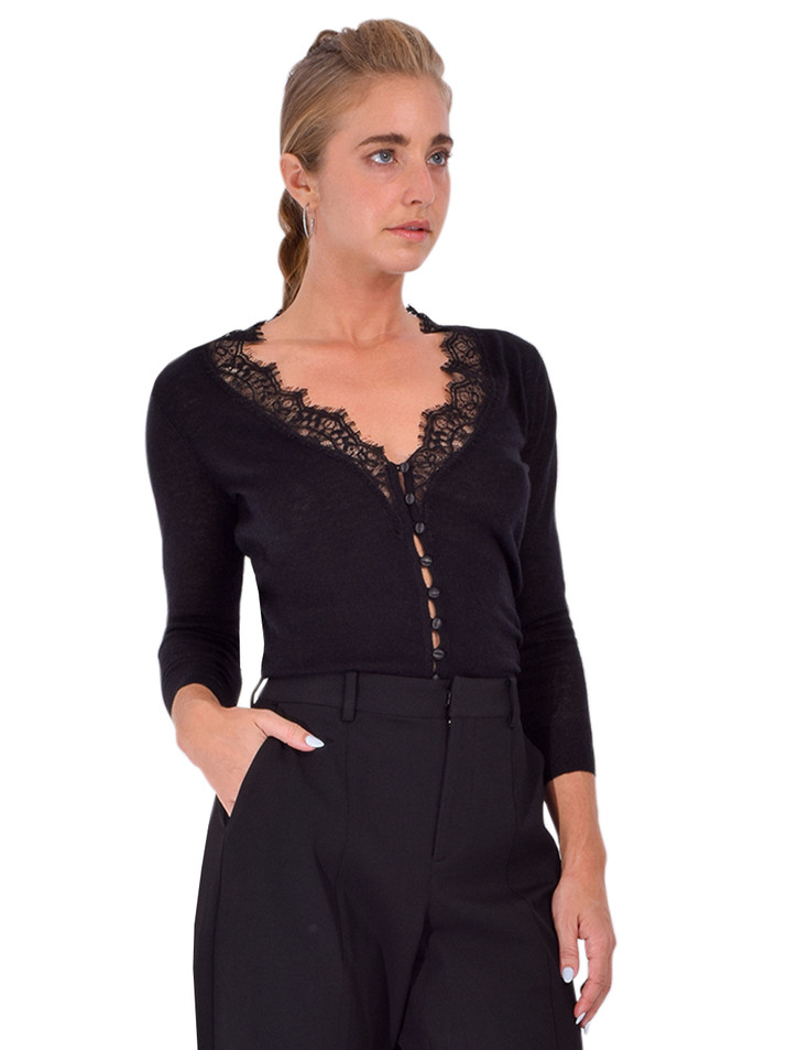 L'AGENCE Eluna Lace Cardigan in Black Side View 