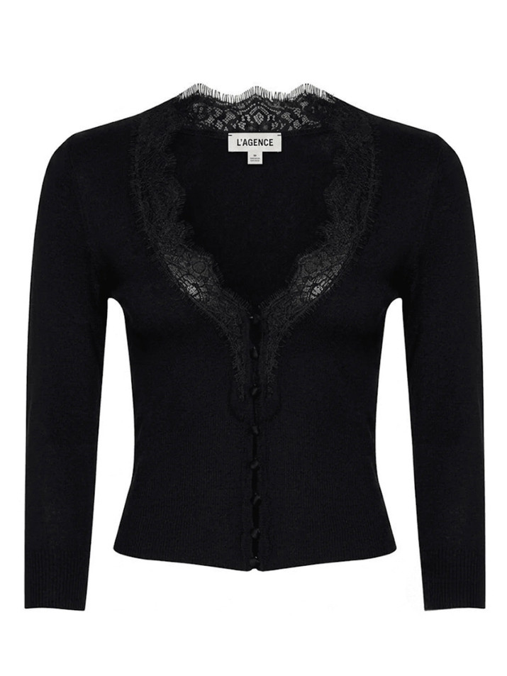 L'AGENCE Eluna Lace Cardigan in Black Product Shot 