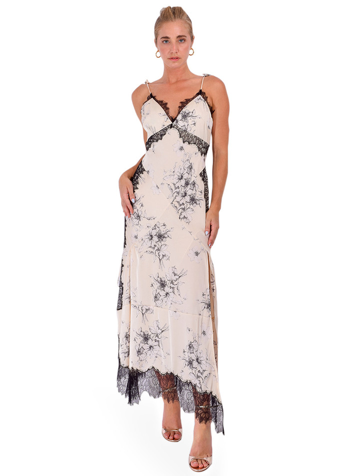 CINQ À SEPT Hand Sketched Floral Jett Maxi Dress in Gardenia/Black Front View 1