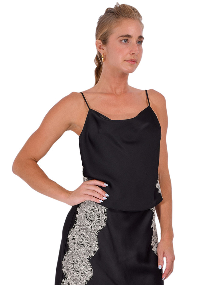 CINQ À SEPT Esme Satin Lace Petit Cami in Black/ Gardenia Side View 

