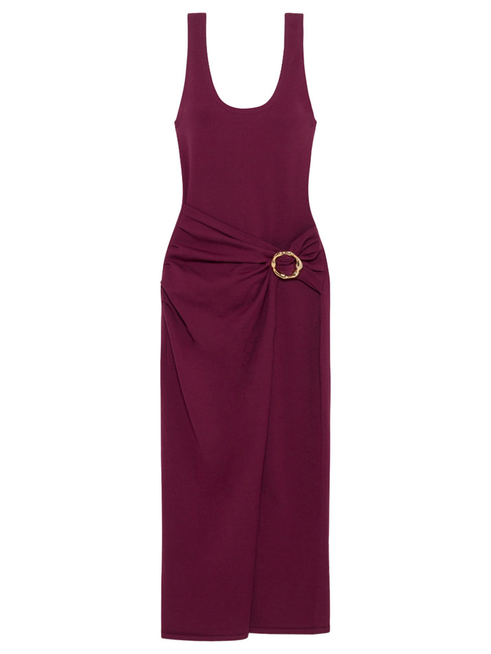 SIMKHAI Genne Draped Knit Midi Dress in Fig Product Shot 