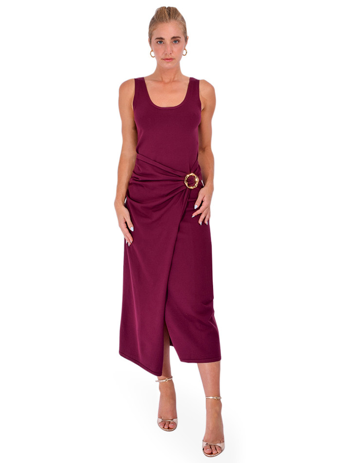 SIMKHAI Genne Draped Knit Midi Dress in Fig Front View 2