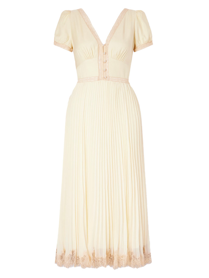 SELF-PORTRAIT Pleated Lace Midi Dress in Yellow Product Shot 