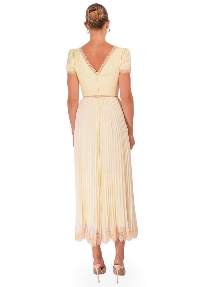 SELF-PORTRAIT Pleated Lace Midi Dress in Yellow Back View 