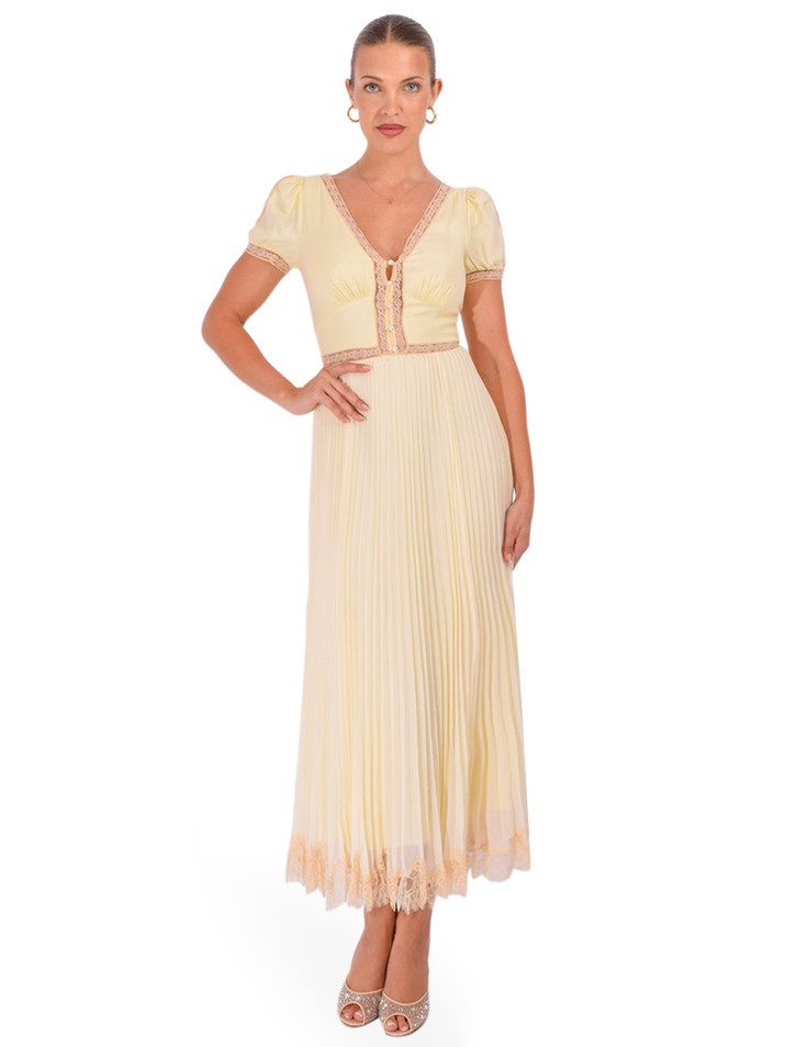 SELF-PORTRAIT Pleated Lace Midi Dress in Yellow Front View 2
