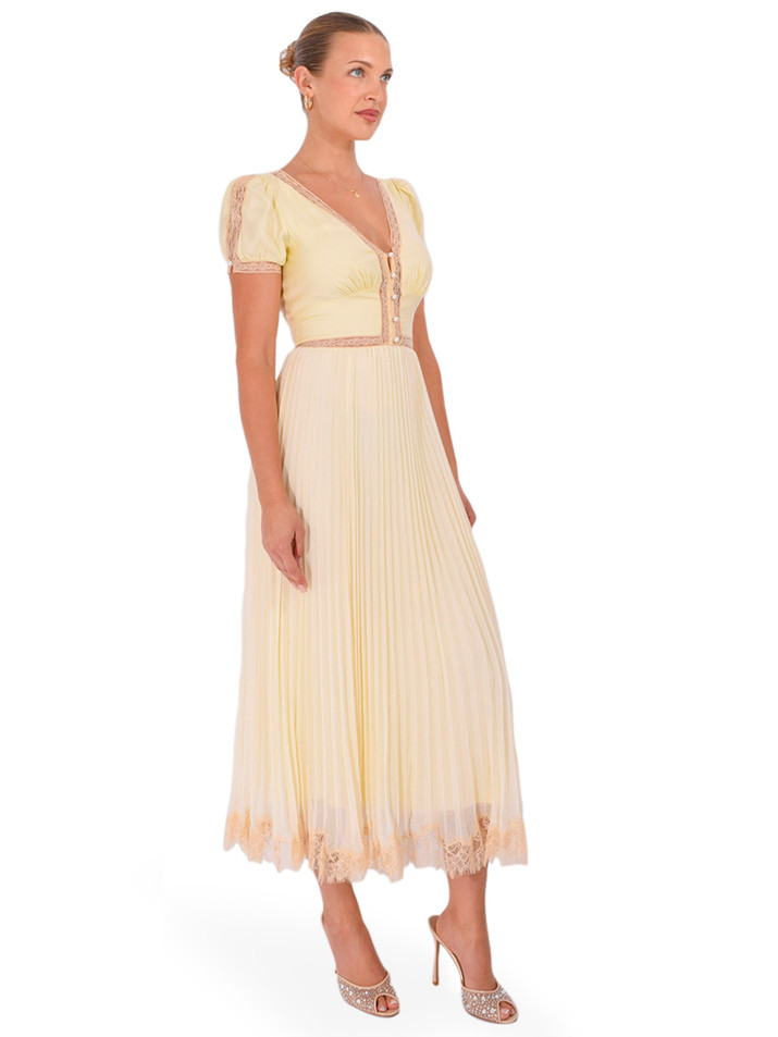 SELF-PORTRAIT Pleated Lace Midi Dress in Yellow Side View 