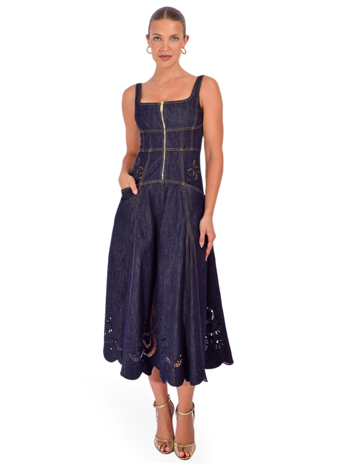 SELF-PORTRAIT Denim Bow Embroidered Midi Dress in Indigo Front View 1