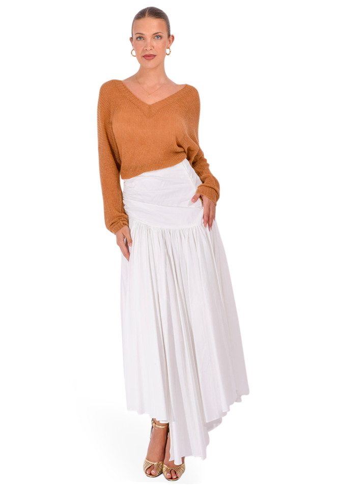SELF-PORTRAIT Cotton Asymmetric Midi Skirt in White Full Outfit 

