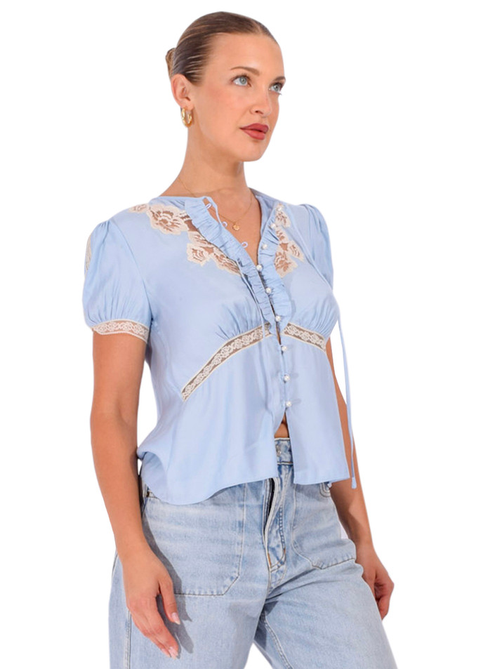 SELF-PORTRAIT Ruffled Lace Trim Top in Blue Side View 
