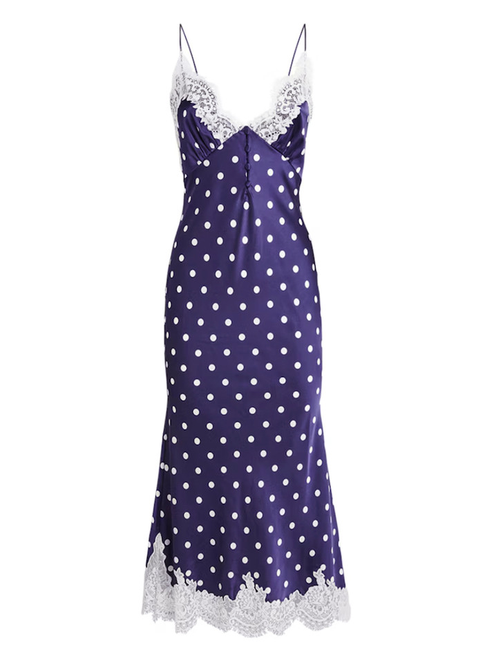 SELF-PORTRAIT Polka Dot Satin Midi Dress in Navy