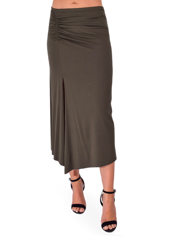 STAVII Jersey Midi Skirt in Olive Front View 