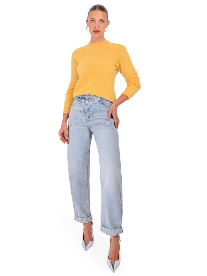 MINNIE ROSE Cashmere Long Sleeve Shrunken Crew in Golden Cream Full Outfit 