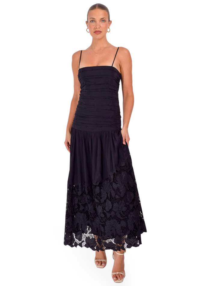 HEMANT & NANDITA Ziva Ruched Midi Dress in Black Front View 2