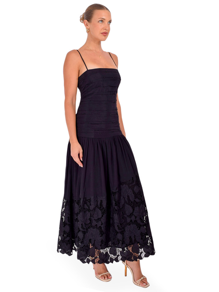 HEMANT & NANDITA Ziva Ruched Midi Dress in Black Side View 