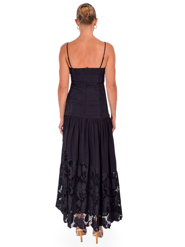 HEMANT & NANDITA Ziva Ruched Midi Dress in Black Back View 
